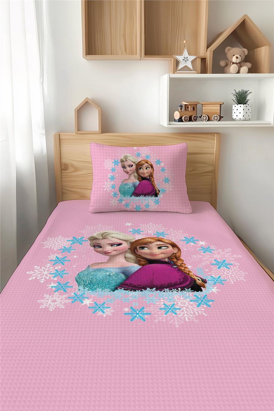Pembe Elsa&amp;Anna Desenli Tek Kişilik Çocuk Pike Takımı Tlap-153