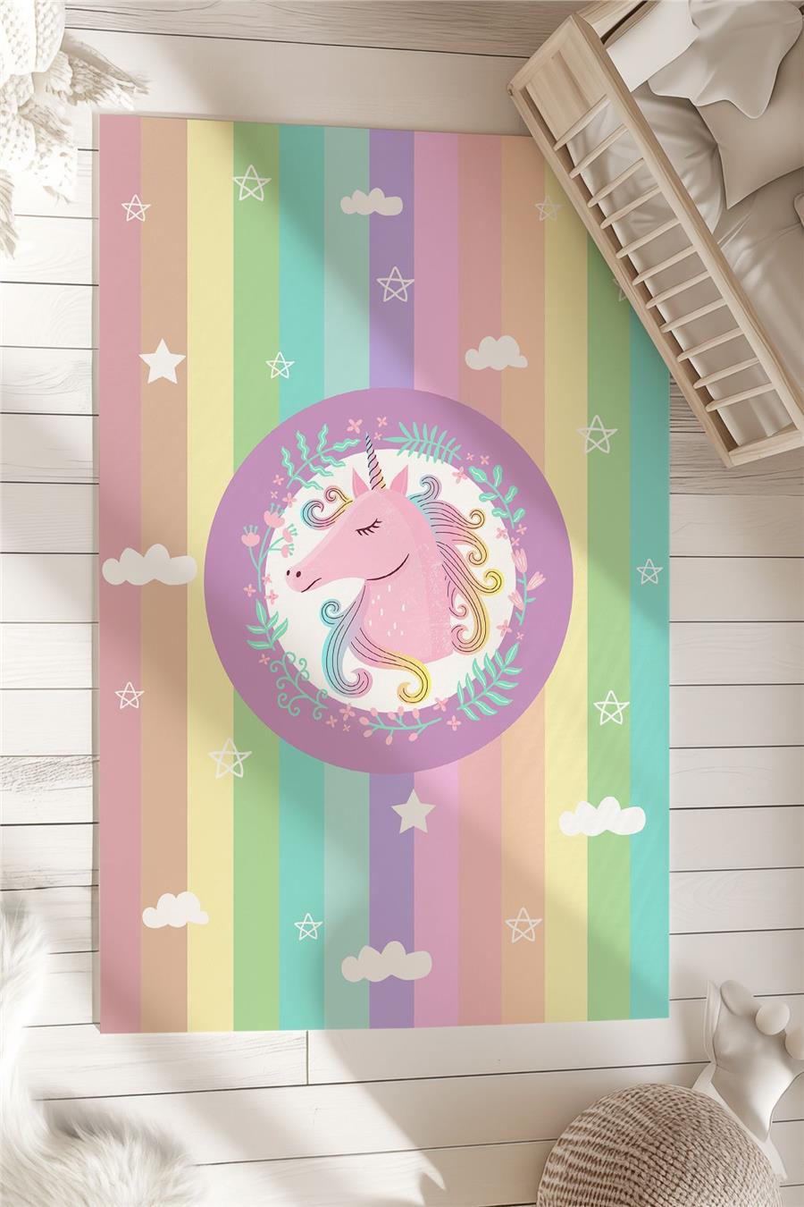 Çok Renkli Unicorn Desenli Çocuk Ve Bebek Odası Dekoratif Halı Tlh-121
