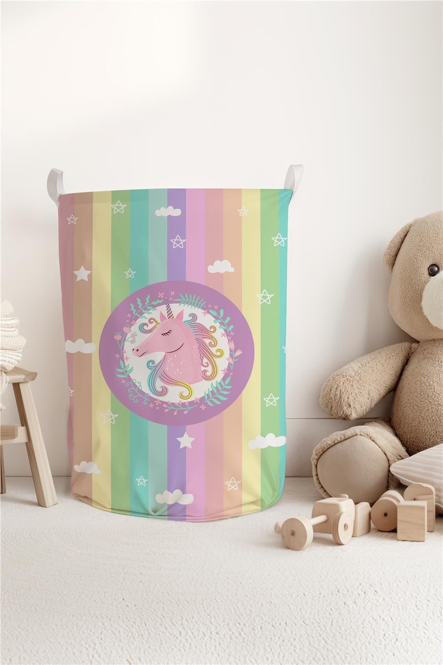 Çok Renkli Unicorn Desenli Çocuk ve Bebek Odası Düzenleyici Oyuncak veya Kirli Sepeti