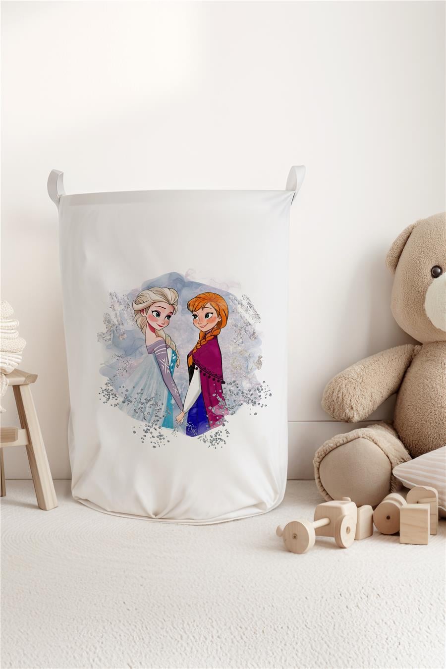 Beyaz Elsa &amp; Anna Desenli Çocuk ve Bebek Odası Düzenleyici Oyuncak veya Kirli Sepeti