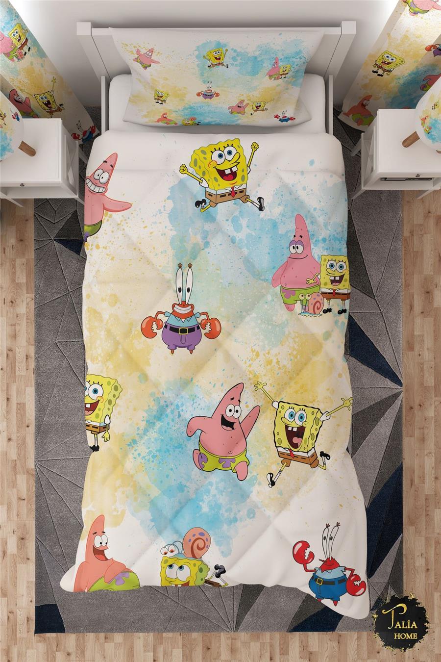 Süngerbob Desenli Spongebob Patrick Desenli Tek Kişilik Çocuk Yorganı Uyku Seti