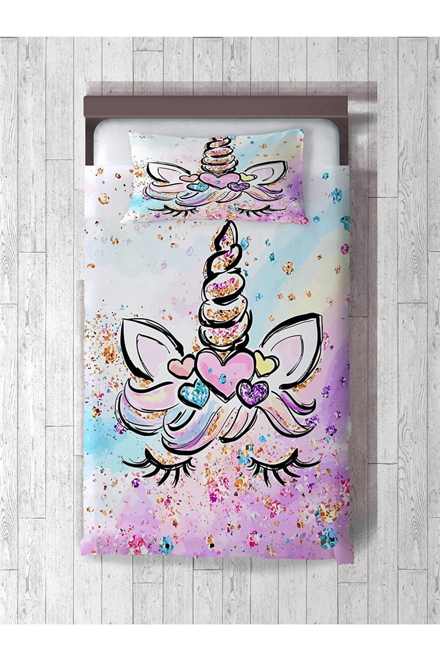 Çocuk Odası Bebek Odası Unicorn Desenli Yatak Örtüsü Tlay-191