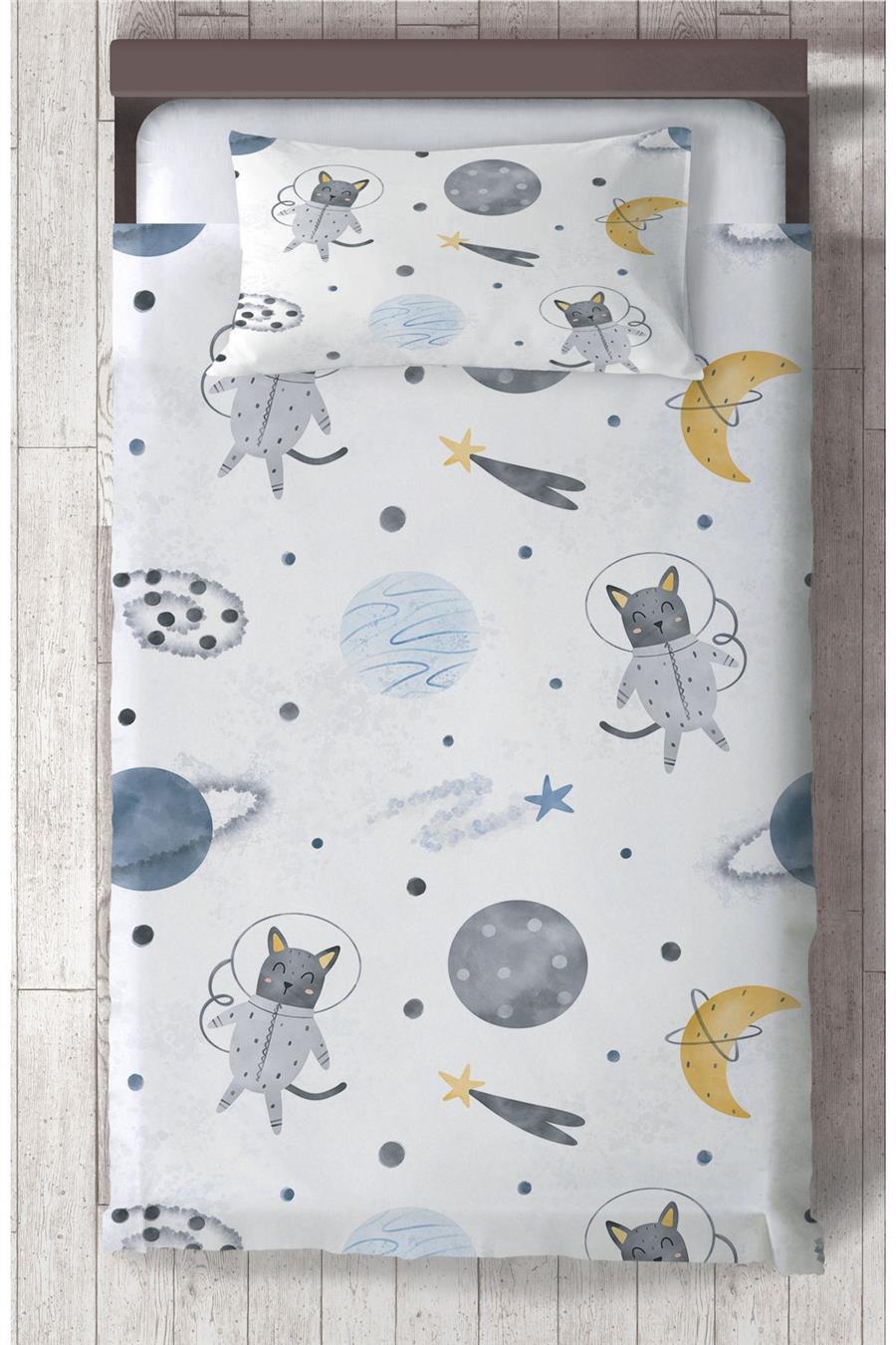 Astronot Kedi Uzay Desenli Çocuk Ve Bebek Odası Yatak Örtüsü Tlay-310