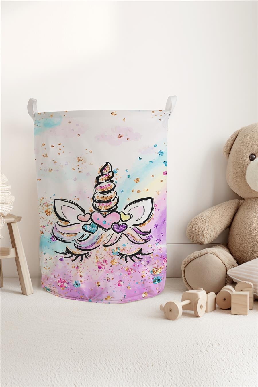 Beyaz Unicorn Desenli Çocuk ve Bebek Odası Düzenleyici Oyuncak veya Kirli Sepeti