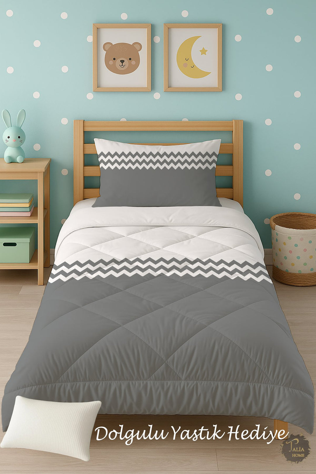 Gri Zigzag Desenli Tek Kişilik Çocuk Yorganı Uyku Seti TLAG-207