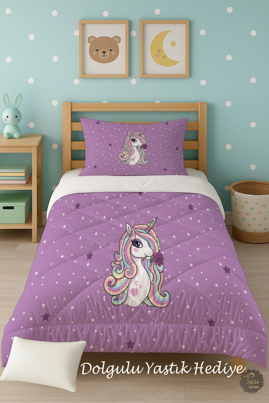 Mor Unicorn Desenli Tek Kişilik Çocuk Yorganı Uyku Seti TLAG-054