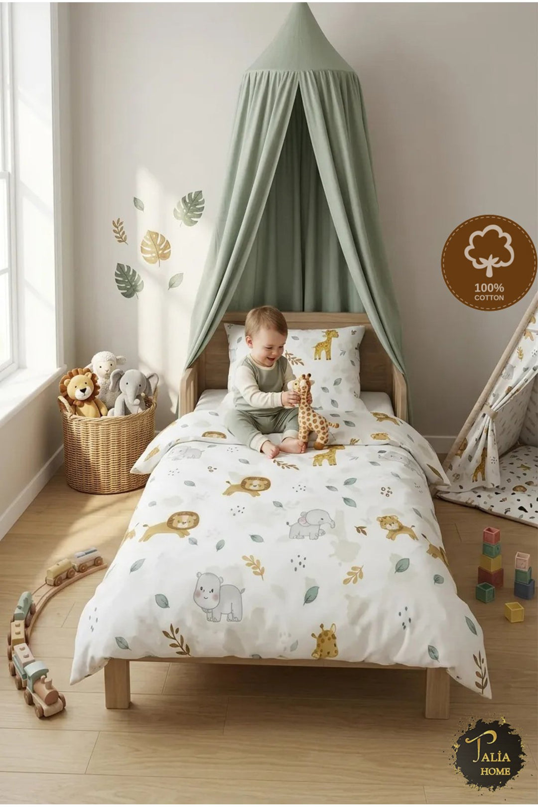 Safari Hayvanlar Desenli %100 PAMUK Tek Kişilik Çocuk Nevresim Takımı ÇARŞAFLI