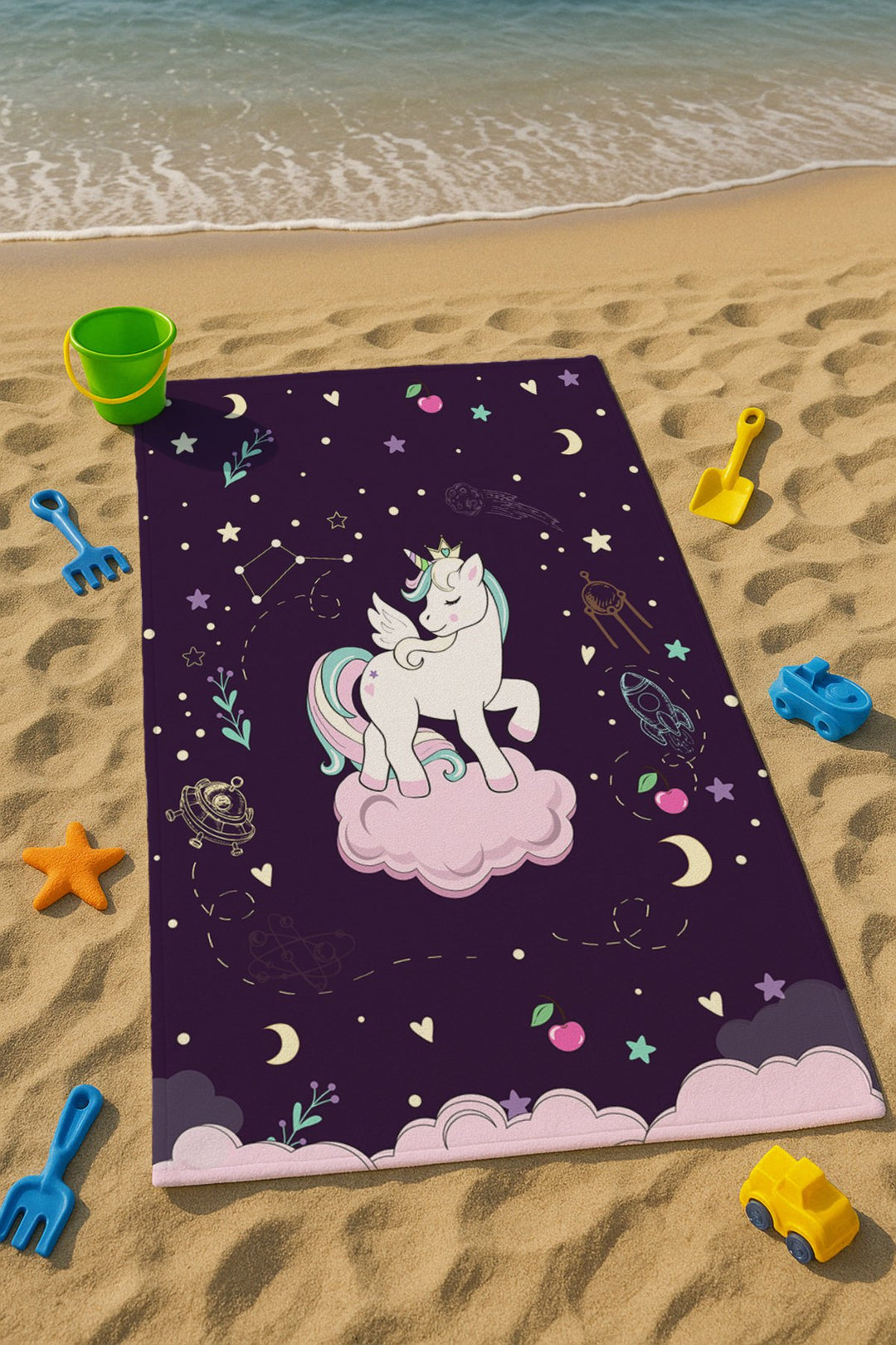 Mor Unicorn Desenli Çocuk Plaj - Deniz- Havuz Havlusu TLAPH-078