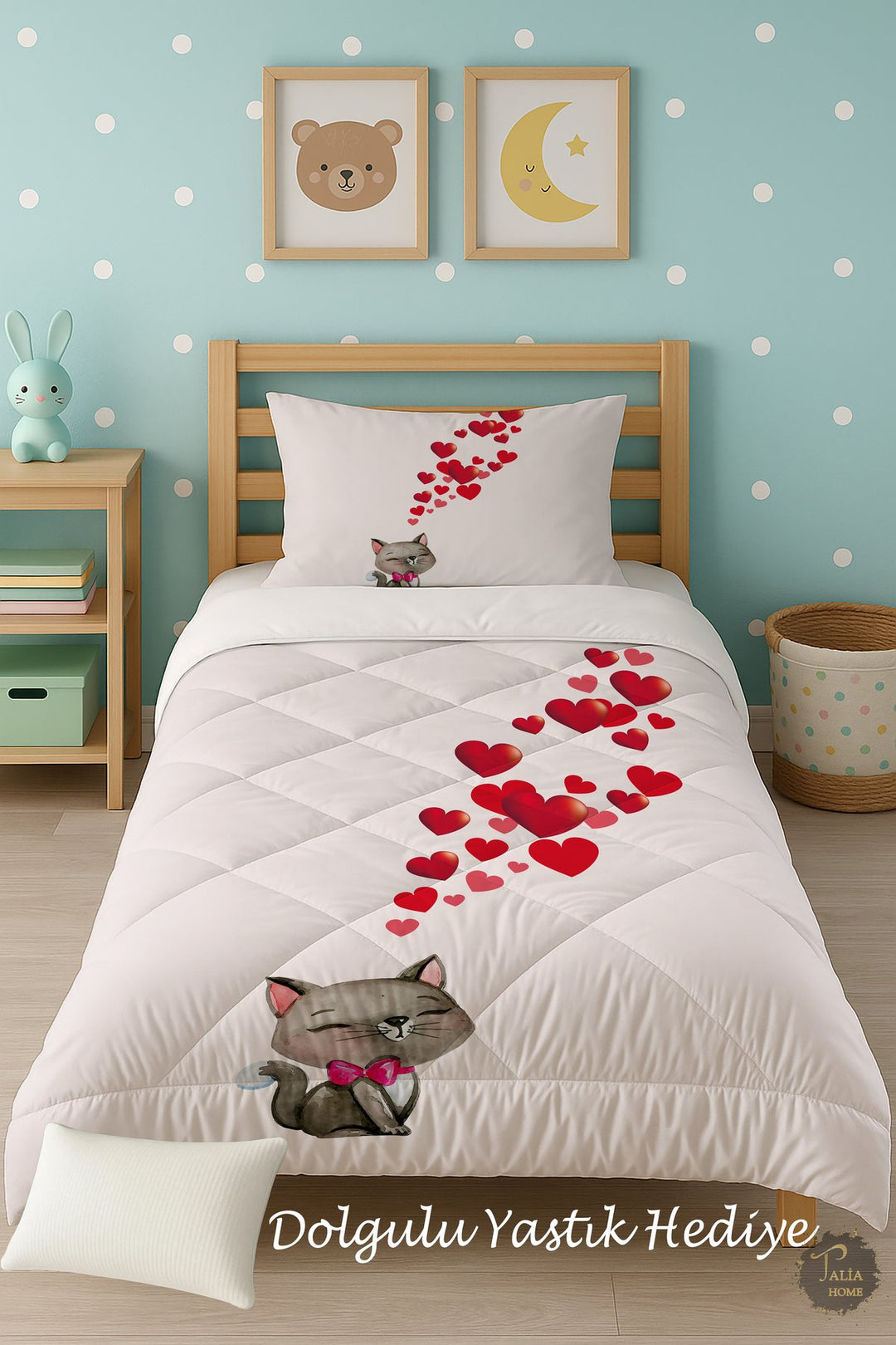 Kalp ve Kedi Desenli Tek Kişilik Çocuk Yorganı Uyku Seti TLAG-157