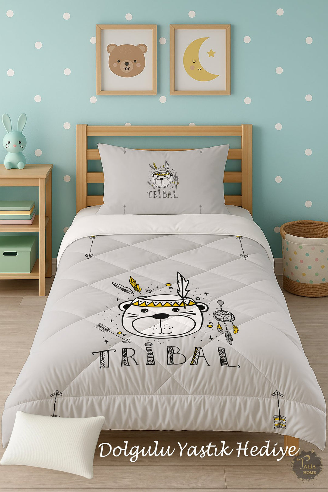 Gri Tribal Desenli Tek Kişilik Çocuk Yorganı Uyku Seti TLAG-043