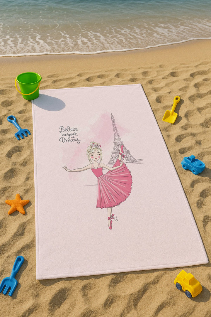 Pembe Paris Eyfel Desenli Çocuk Plaj - Deniz- Havuz Havlusu TLAPH-159