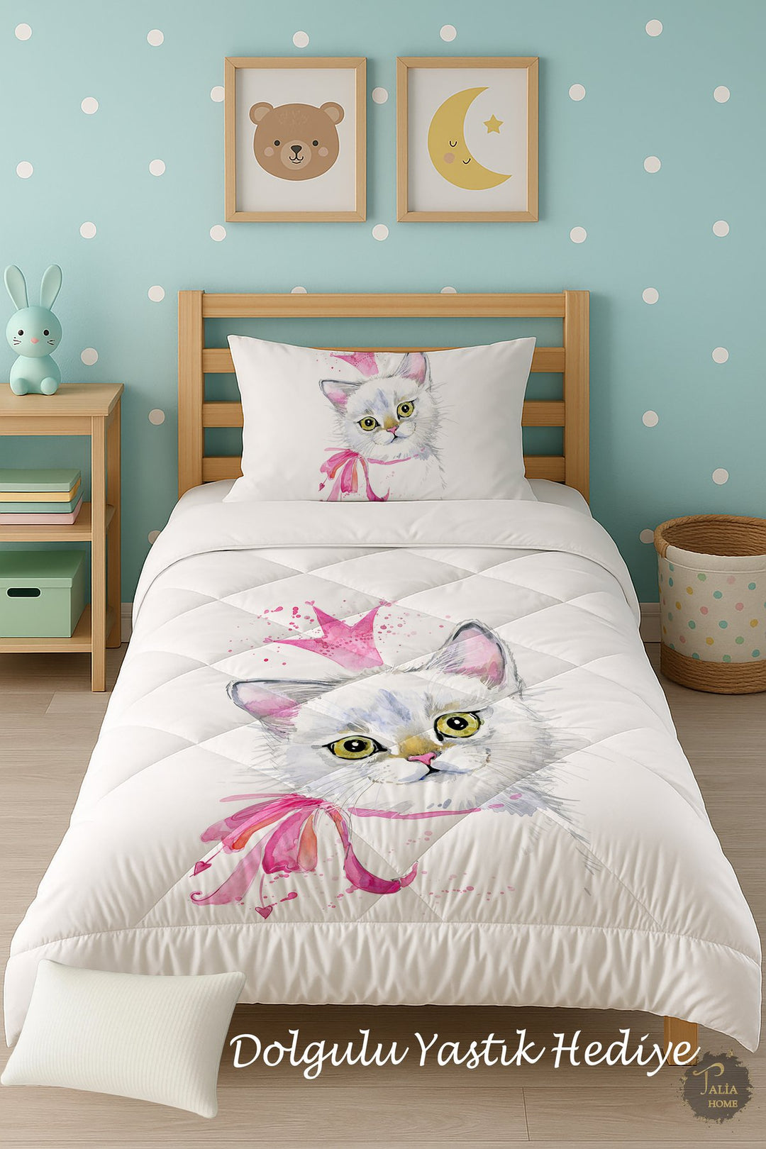 Kedi Desenli Tek Kişilik Çocuk Yorganı Uyku Seti TLAG-234