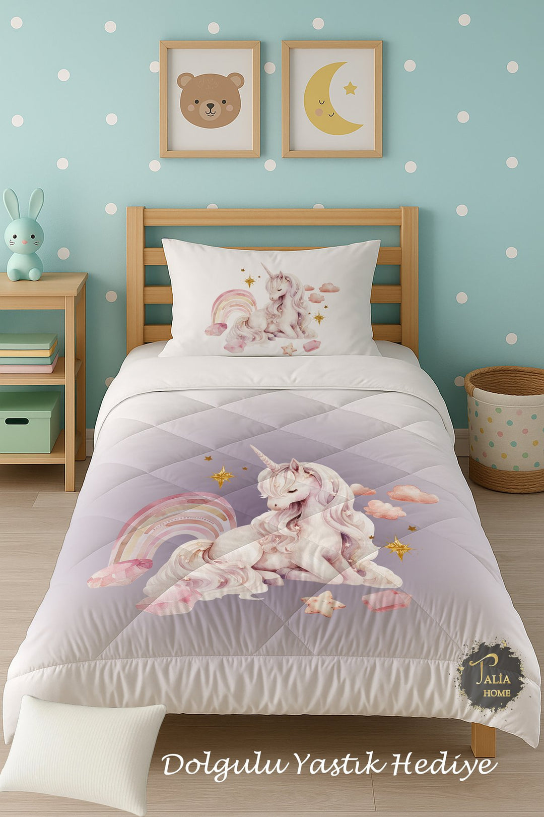 Mor Unicorn Desenli Tek Kişilik Çocuk Yorganı Uyku Seti TLAG-321