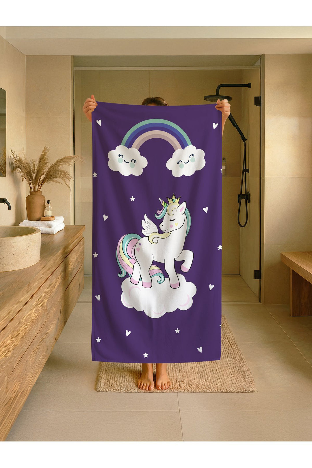 Mor Sevimli Unicorn Desenli Çocuk Plaj - Deniz- Havuz Havlusu TLAPH-172