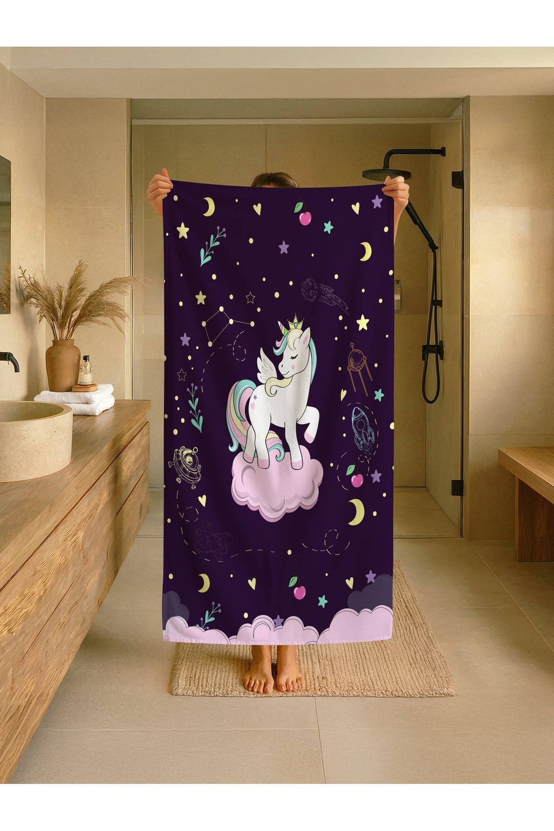 Mor Unicorn Desenli Çocuk Plaj - Deniz- Havuz Havlusu TLAPH-078