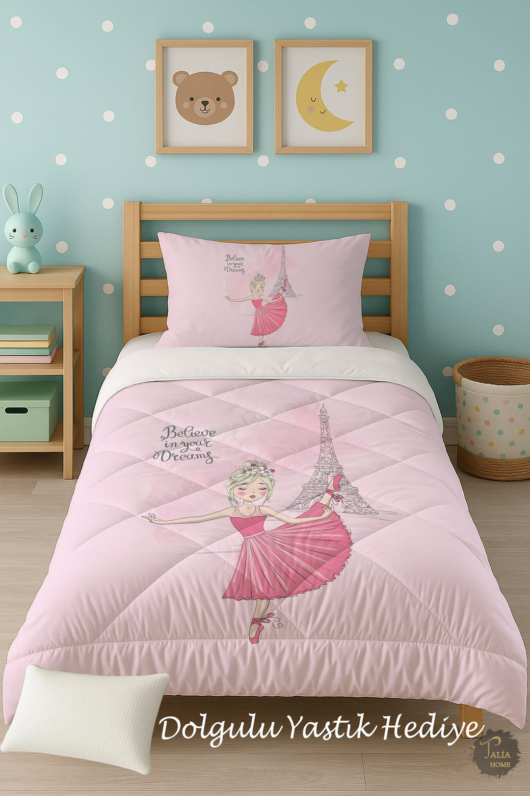 Pembe Paris Eyfel Eiffel Kulesi Desenli Tek Kişilik Çocuk Yorganı Uyku Seti TLAG-159