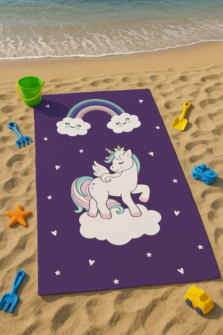 Mor Sevimli Unicorn Desenli Çocuk Plaj - Deniz- Havuz Havlusu TLAPH-172