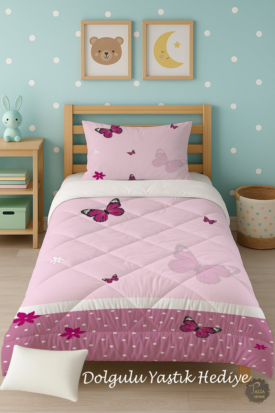 Pembe Kelebek Desenli Tek Kişilik Çocuk Yorganı Uyku Seti TLAG-206