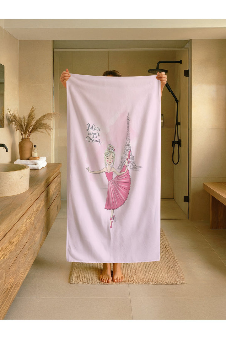 Pembe Paris Eyfel Desenli Çocuk Plaj - Deniz- Havuz Havlusu TLAPH-159