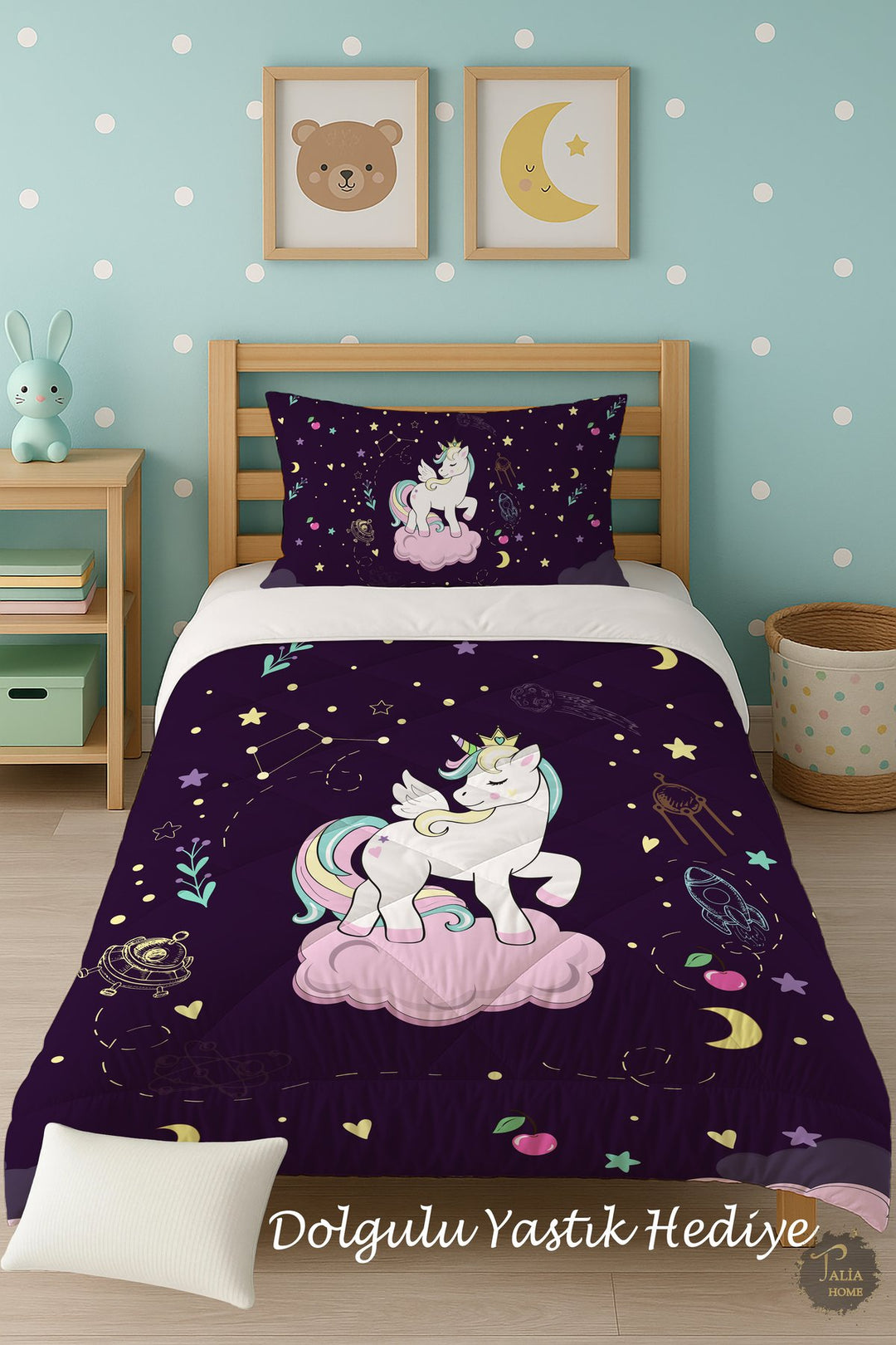 Mor Unicornlu Desenli Tek Kişilik Çocuk Yorganı Uyku Seti TLAG-078