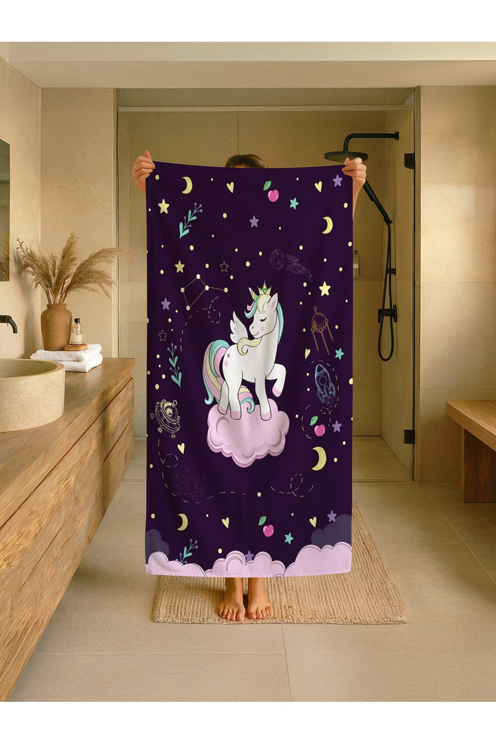 Mor Unicorn Desenli Çocuk Plaj - Deniz- Havuz Havlusu TLAPH-078