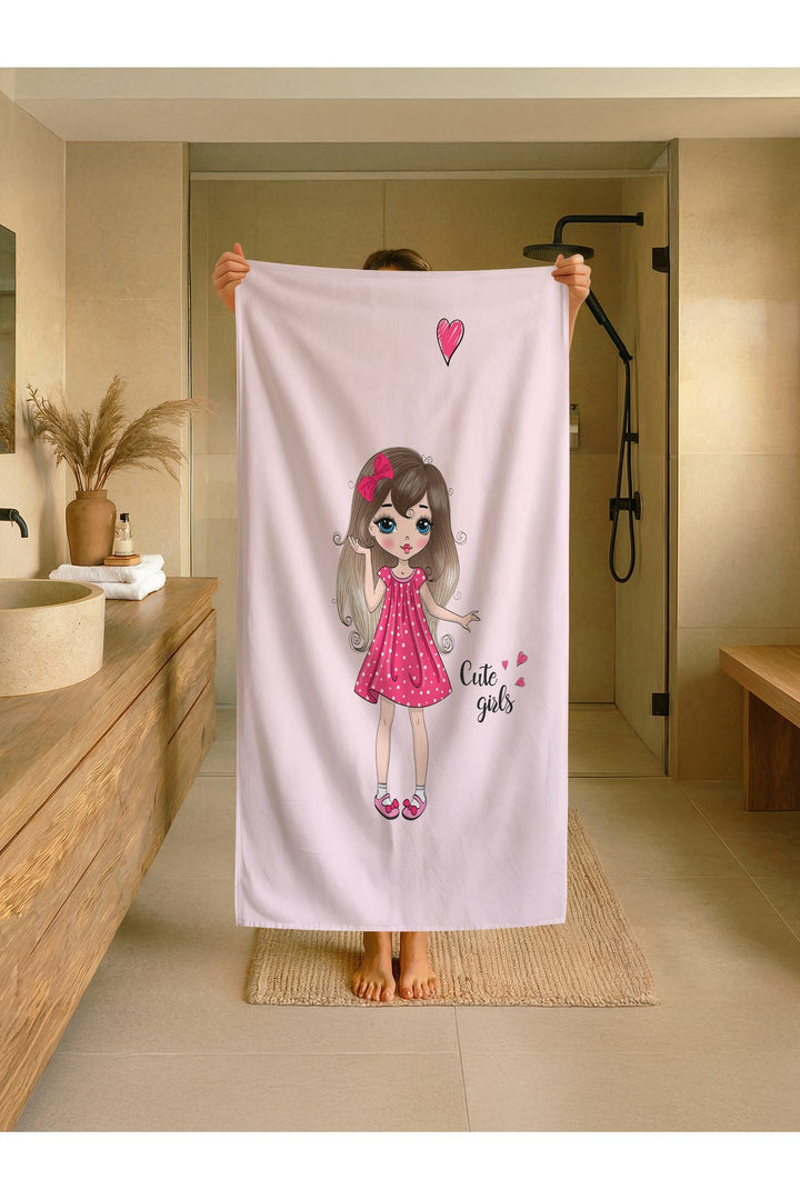 Kalpli Pembe Desenli Çocuk Plaj - Deniz- Havuz Havlusu TLAPH-013