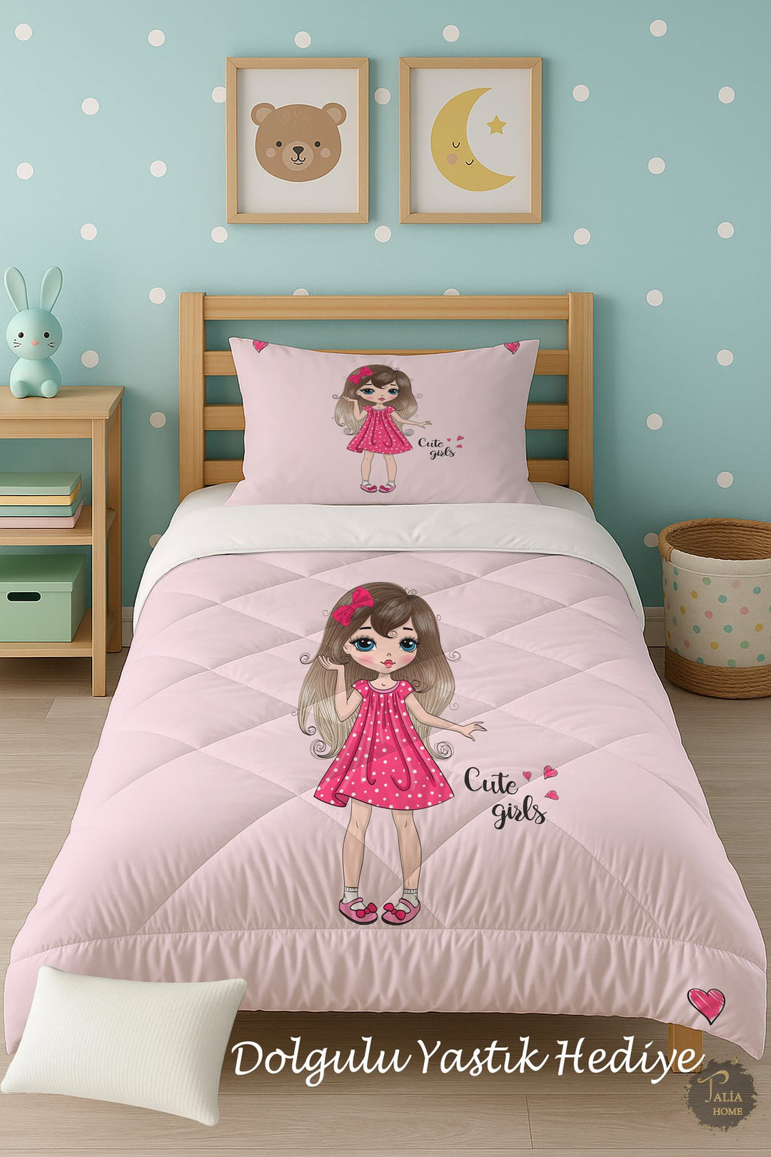 Kalpli Pembe Desenli Tek Kişilik Çocuk Yorganı Uyku Seti TLAG-013