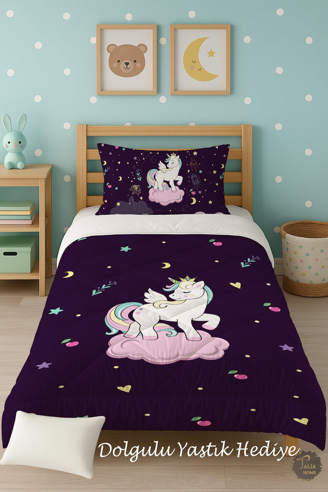 Mor Unicorn Desenli Tek Kişilik Çocuk Yorganı Uyku Seti TLAG-179